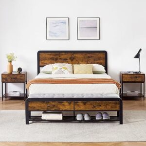 gaomon queen bed frame with headboard and 2 drawers, metal platform bed frame queen size with storage drawer, no box spring needed, noise free, rustic brown