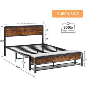 GAOMON Queen Bed Frame with Headboard and 2 Drawers, Metal Platform Bed Frame Queen Size with Storage Drawer, No Box Spring Needed, Noise Free, Rustic Brown