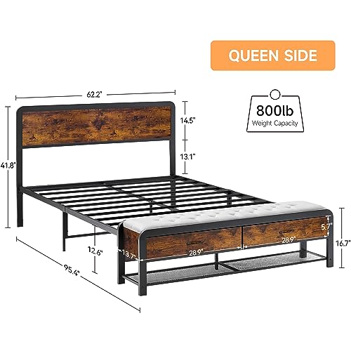 GAOMON Queen Bed Frame with Headboard and 2 Drawers, Metal Platform Bed Frame Queen Size with Storage Drawer, No Box Spring Needed, Noise Free, Rustic Brown
