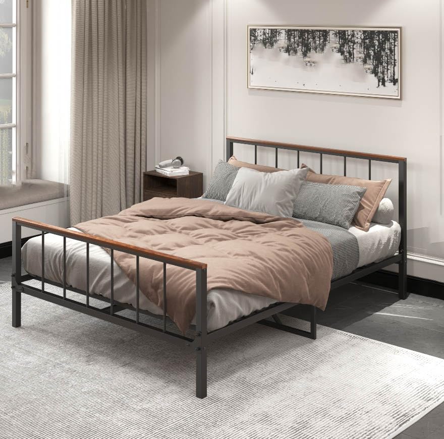 RIDFY Queen Size Metal Bed Frame with Headboard and Footboard,84" Sturdy Platform Bed Frame with Storage Space,Black Bed Frame Bearing 660lbs,No Box Spring Needed,Easy to Assemble, No Noise