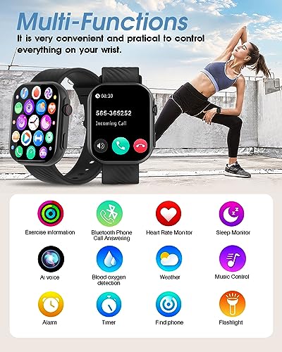 BYBUKCKR Smart Watch for Men Women (Answer/Make Call), 2" Smartwatch for Android Phones and iPhone Compatible, IP68 Waterproof Fitness Watch with Heart Rate Monitor Blood Oxygen Sleep Tracker, Black