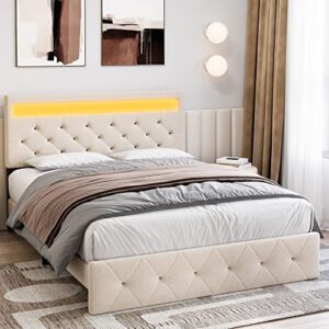 gaomon full size bed frame with led lights upholstered platform bed frame with headboard, full size led bed frame with fast-charging usb port, no box spring needed, beige