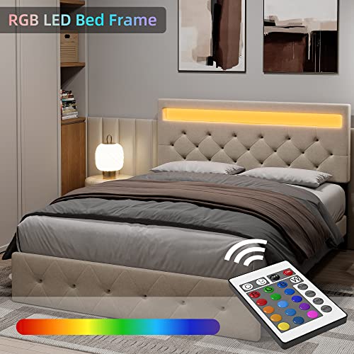 GAOMON Full Size Bed Frame with Led Lights Upholstered Platform Bed Frame with Headboard, Full Size Led Bed Frame with Fast-Charging USB Port, No Box Spring Needed, Beige