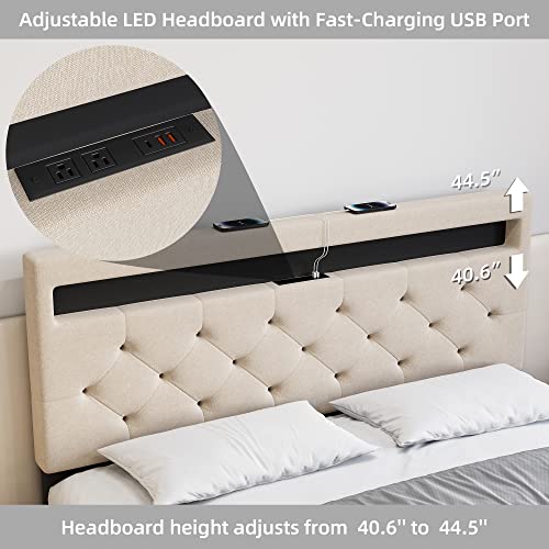 GAOMON Full Size Bed Frame with Led Lights Upholstered Platform Bed Frame with Headboard, Full Size Led Bed Frame with Fast-Charging USB Port, No Box Spring Needed, Beige