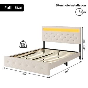 GAOMON Full Size Bed Frame with Led Lights Upholstered Platform Bed Frame with Headboard, Full Size Led Bed Frame with Fast-Charging USB Port, No Box Spring Needed, Beige