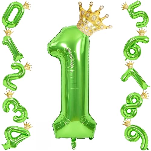 40 Inch Green Number Foil Balloons With Detachable Gold Crown,Large Size Number 1 Mylar Helium Balloons For 1st Birthday Party Wedding Anniversary Celebration Decoration Supplies (1)