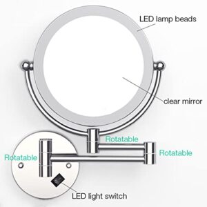 YSOLDA 8 Inch Dual Sided Wall Mounted Lighted Makeup Vanity Mirror with LED, 1X/10X Magnifying and 360° Swivel Extendable Cosmetic Mirror, Wall Mirror for Bathroom Shaving,Nickel,Hard Wired