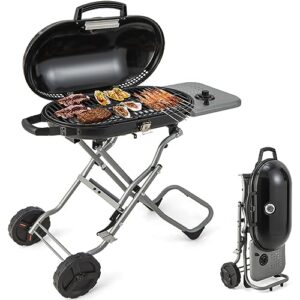 giantex gas grill, portable propane grill with 15,000 btus burner, side table, 2 wheels, grease tray, metal frame, folding stand-up propane gas grill for outdoor cooking camping barbecue (black)