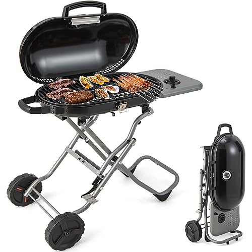 Giantex Gas Grill, Portable Propane Grill with 15,000 BTUs Burner, Side Table, 2 Wheels, Grease Tray, Metal Frame, Folding Stand-Up Propane Gas Grill for Outdoor Cooking Camping Barbecue (Black)