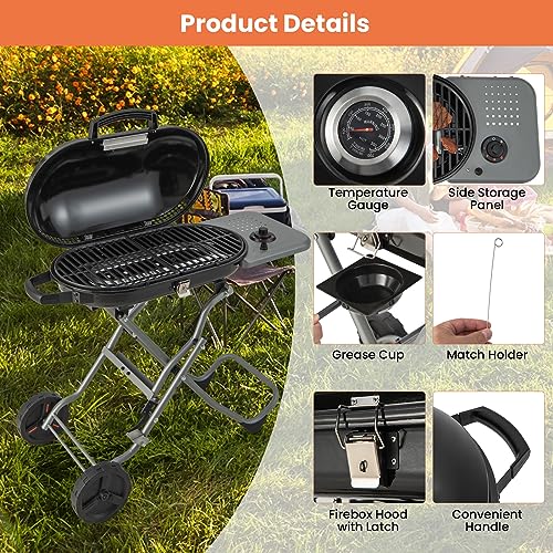 Giantex Gas Grill, Portable Propane Grill with 15,000 BTUs Burner, Side Table, 2 Wheels, Grease Tray, Metal Frame, Folding Stand-Up Propane Gas Grill for Outdoor Cooking Camping Barbecue (Black)