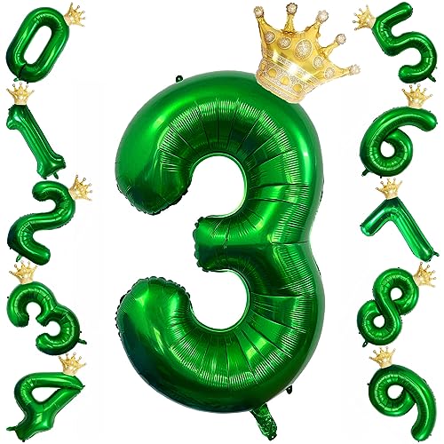 40 Inch Dark Green Number Foil Balloons With Detachable Gold Crown,Large Size Number 3 Mylar Helium Balloons For 3rd Birthday Party Wedding Anniversary Celebration Decoration Supplies (3)