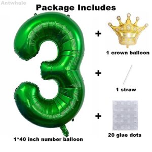 40 Inch Dark Green Number Foil Balloons With Detachable Gold Crown,Large Size Number 3 Mylar Helium Balloons For 3rd Birthday Party Wedding Anniversary Celebration Decoration Supplies (3)