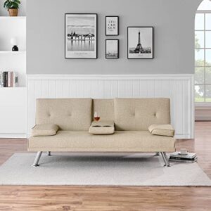 67" leather multifunctional double convertible folding futon sofa bed, adjustable couch sleeper modern for office with 2 cupholders, removable armrests (beige)
