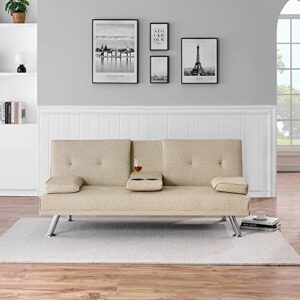 67" Leather Multifunctional Double Convertible Folding Futon Sofa Bed, Adjustable Couch Sleeper Modern for Office with 2 Cupholders, Removable Armrests (Beige)