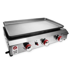 gas one flat top grill with 3 burners – auto ignition propane portable gas grill – premium stainless steel body tabletop grill with pre season griddle – convenient drip tray – ideal for rv, camping
