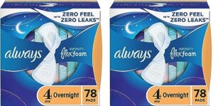 always infinity feminine pads for women, size 4 overnight absorbency, with flexfoam, with wings, unscented, 13 count x 12 packs (156 count total)