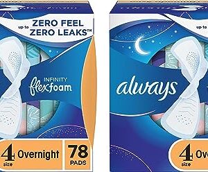 Always Infinity Feminine Pads for Women, Size 4 Overnight Absorbency, with Flexfoam, with Wings, Unscented, 13 Count x 12 Packs (156 Count Total)