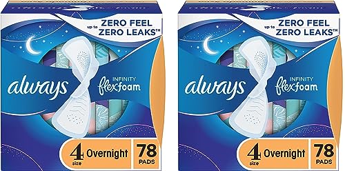 Always Infinity Feminine Pads for Women, Size 4 Overnight Absorbency, with Flexfoam, with Wings, Unscented, 13 Count x 12 Packs (156 Count Total)