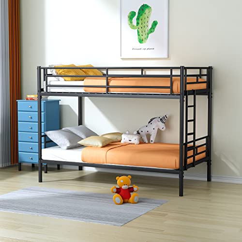 Oudiec Bunk Bed Twin Over Twin Size with Guardrail and Ladder,Sturdy Steel Bedframe for Dorm,Bedroom,Guest Room,No Box Spring Needed, Black