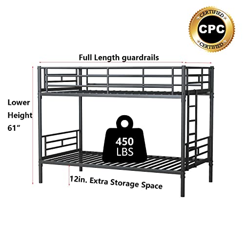 Oudiec Bunk Bed Twin Over Twin Size with Guardrail and Ladder,Sturdy Steel Bedframe for Dorm,Bedroom,Guest Room,No Box Spring Needed, Black