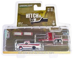 1964 d-100 pickup truck white with red stripes ramchargers with tandem car trailer hitch & tow series 28 1/64 diecast model car by greenlight 32280a
