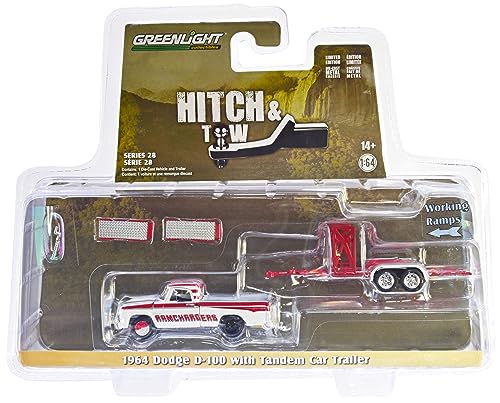 1964 D-100 Pickup Truck White with Red Stripes RAMCHARGERS with Tandem Car Trailer Hitch & Tow Series 28 1/64 Diecast Model Car by Greenlight 32280A
