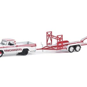 1964 D-100 Pickup Truck White with Red Stripes RAMCHARGERS with Tandem Car Trailer Hitch & Tow Series 28 1/64 Diecast Model Car by Greenlight 32280A