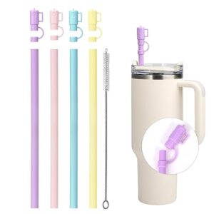 replacement straw for stanley 40 oz 30 oz cup tumbler,4pack reusable silicone straws with straw covers accessories for stanley bottles with cleaning brush