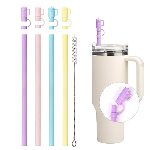 Replacement Straw for Stanley 40 oz 30 oz Cup Tumbler,4Pack Reusable Silicone Straws with Straw Covers Accessories for Stanley Bottles with Cleaning Brush