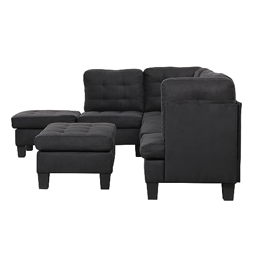 Casa Andrea Milano Modern Sectional Sofa L Shaped Couch with Reversible Chaise & Ottoman, Large Living Room Furniture, Black