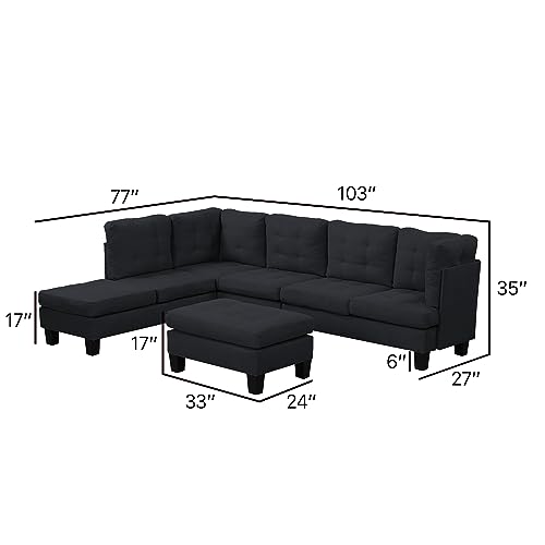 Casa Andrea Milano Modern Sectional Sofa L Shaped Couch with Reversible Chaise & Ottoman, Large Living Room Furniture, Black