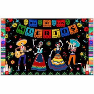 zthmoe 72x43inch polyester day of the dead backdrop mexican dia de los muertos photography background fiesta sugar skull flowers party decorations photo banner props with four holes easy to hang
