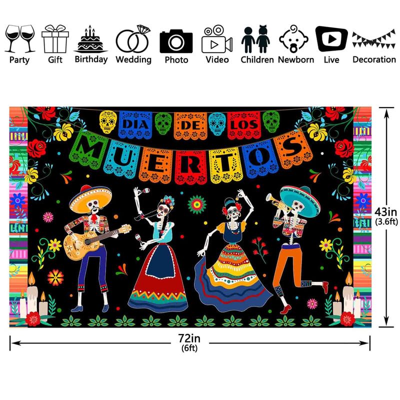 ZTHMOE 72x43inch Polyester Day of The Dead Backdrop Mexican Dia DE Los Muertos Photography Background Fiesta Sugar Skull Flowers Party Decorations Photo Banner Props with Four Holes Easy to Hang