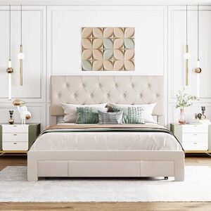 queen size velvet upholstered platform bed frame with headboard & storage drawer, platform bed with sturdy wooden slats support, no box spring needed for bedroom small living space (beige, queen)