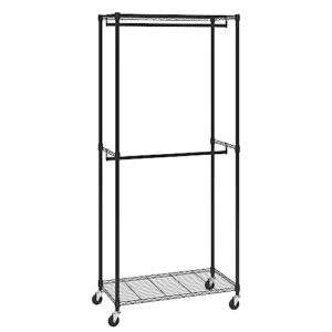 VEVOR Heavy Duty Clothes Rack, Double Hanging Rods Clothing Garment Rack with Bottom and Top Storage Tier, Rolling Clothing Rack for Hanging Clothes, 1'' Diameter Thicken Steel Tube Hold Up to 300Lbs