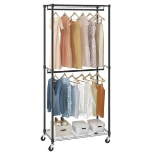 vevor heavy duty clothes rack, double hanging rods clothing garment rack with bottom and top storage tier, rolling clothing rack for hanging clothes, 1'' diameter thicken steel tube hold up to 300lbs