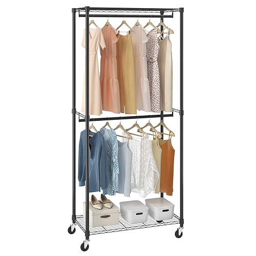 VEVOR Heavy Duty Clothes Rack, Double Hanging Rods Clothing Garment Rack with Bottom and Top Storage Tier, Rolling Clothing Rack for Hanging Clothes, 1'' Diameter Thicken Steel Tube Hold Up to 300Lbs
