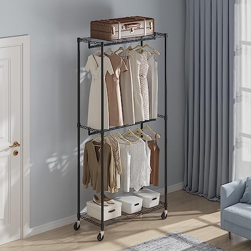 VEVOR Heavy Duty Clothes Rack, Double Hanging Rods Clothing Garment Rack with Bottom and Top Storage Tier, Rolling Clothing Rack for Hanging Clothes, 1'' Diameter Thicken Steel Tube Hold Up to 300Lbs