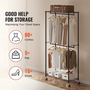 VEVOR Heavy Duty Clothes Rack, Double Hanging Rods Clothing Garment Rack with Bottom and Top Storage Tier, Rolling Clothing Rack for Hanging Clothes, 1'' Diameter Thicken Steel Tube Hold Up to 300Lbs