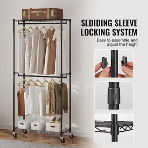 VEVOR Heavy Duty Clothes Rack, Double Hanging Rods Clothing Garment Rack with Bottom and Top Storage Tier, Rolling Clothing Rack for Hanging Clothes, 1'' Diameter Thicken Steel Tube Hold Up to 300Lbs