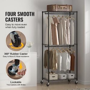 VEVOR Heavy Duty Clothes Rack, Double Hanging Rods Clothing Garment Rack with Bottom and Top Storage Tier, Rolling Clothing Rack for Hanging Clothes, 1'' Diameter Thicken Steel Tube Hold Up to 300Lbs