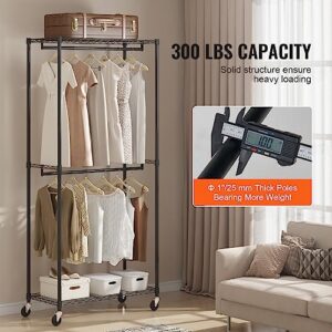 VEVOR Heavy Duty Clothes Rack, Double Hanging Rods Clothing Garment Rack with Bottom and Top Storage Tier, Rolling Clothing Rack for Hanging Clothes, 1'' Diameter Thicken Steel Tube Hold Up to 300Lbs