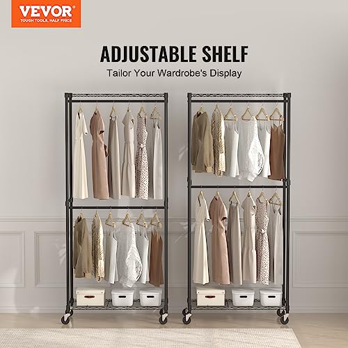 VEVOR Heavy Duty Clothes Rack, Double Hanging Rods Clothing Garment Rack with Bottom and Top Storage Tier, Rolling Clothing Rack for Hanging Clothes, 1'' Diameter Thicken Steel Tube Hold Up to 300Lbs