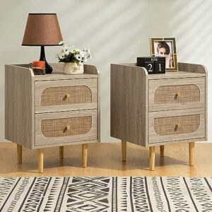 rattan nightstand set of 2 with drawers - boho bedside table with storage - night stand with solid wood feet - small side table end table for bedroom