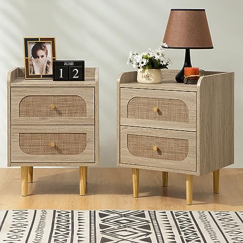 Rattan Nightstand Set of 2 with Drawers - Boho Bedside Table with Storage - Night Stand with Solid Wood Feet - Small Side Table End Table for Bedroom