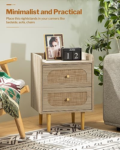 Rattan Nightstand Set of 2 with Drawers - Boho Bedside Table with Storage - Night Stand with Solid Wood Feet - Small Side Table End Table for Bedroom