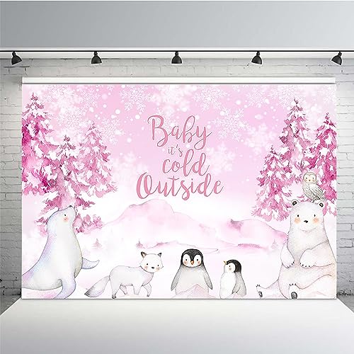 MEHOFOND 7x5ft Winter Baby Shower Backdrop Baby It's Cold Outside Background Pink Watercolor Artic Animals Penguin Baby Shower Party Banner Decorations Photo Booth Props