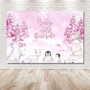 MEHOFOND 7x5ft Winter Baby Shower Backdrop Baby It's Cold Outside Background Pink Watercolor Artic Animals Penguin Baby Shower Party Banner Decorations Photo Booth Props