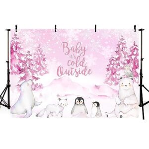 MEHOFOND 7x5ft Winter Baby Shower Backdrop Baby It's Cold Outside Background Pink Watercolor Artic Animals Penguin Baby Shower Party Banner Decorations Photo Booth Props