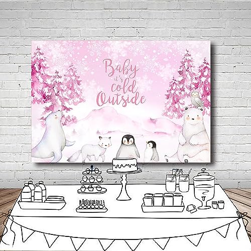 MEHOFOND 7x5ft Winter Baby Shower Backdrop Baby It's Cold Outside Background Pink Watercolor Artic Animals Penguin Baby Shower Party Banner Decorations Photo Booth Props